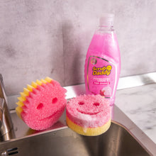 Kép betöltése a galériamegjelenítőbe: Scrub Daddy Pink Sparkle rózsaszín csillámos Wash Up Combo a konyhai csaptelep mellett