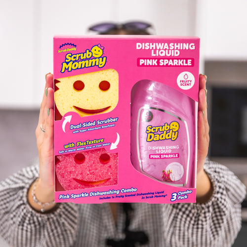 Scrub Daddy Pink Sparkle Wash Up combo kézben tartott méretarányos képe