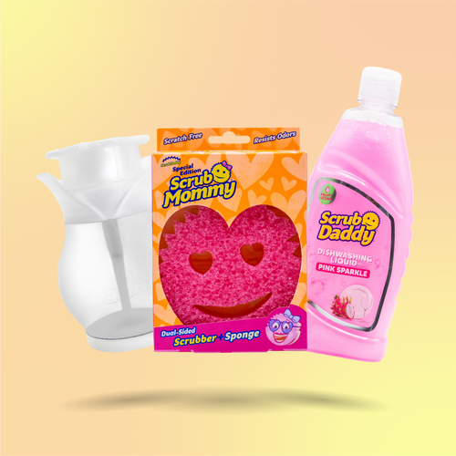 Scrub Daddy Tiszta Pink Mosogató Csomag mosogatószer-adagolóval, Srub Mommy szivaccsal és a Scrub Daddy Pink Sparkle mosogatószerrel